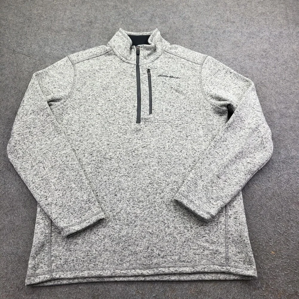 Eddie Bauer Sweater Mens Medium Gray Fleece 1/4 Zip Mock Neck Pullover Pockets